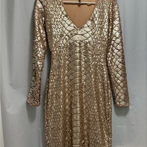 BCBGMaxAzria Gold Long Sleeve Sequin Dress